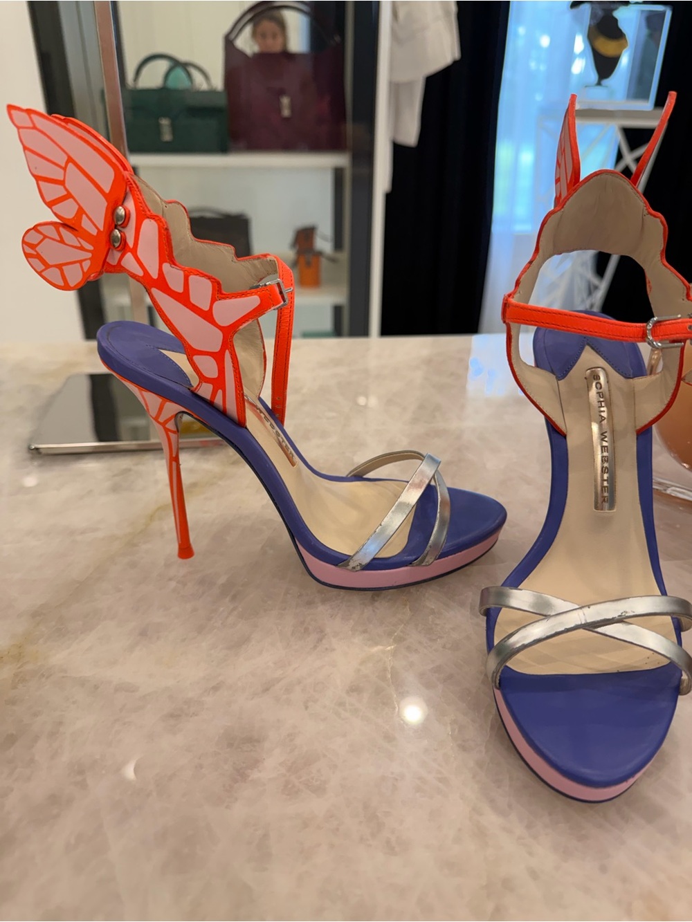 Sophia Webster Purple, Orange & Silver Butterfly Stiletto Sandals